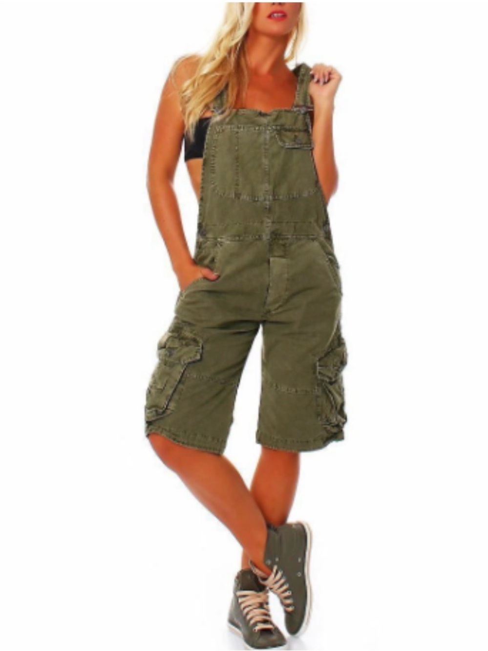 madepants Olive Green Women’s Cargo Short Overalls with Adjustable Straps